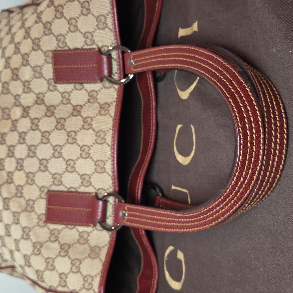 GUCCI 2005 Coated Canvas/Leather Equestrian structured Open Tote Bag Bordeaux - Picture 5 of 17